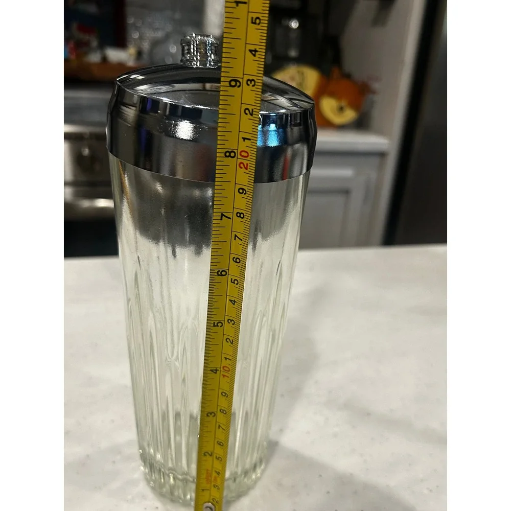 Vintage Ribbed Glass Cocktail Shaker with Chrome Lid and Built-in Strainer 9.5